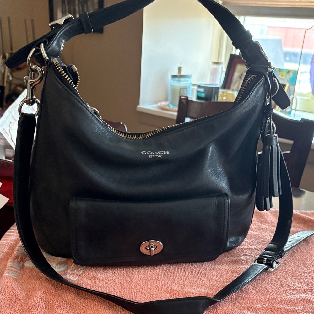 Coach Black Leather Shoulder Hobo with Tassel Charm and Front Turn-Lock Pocket